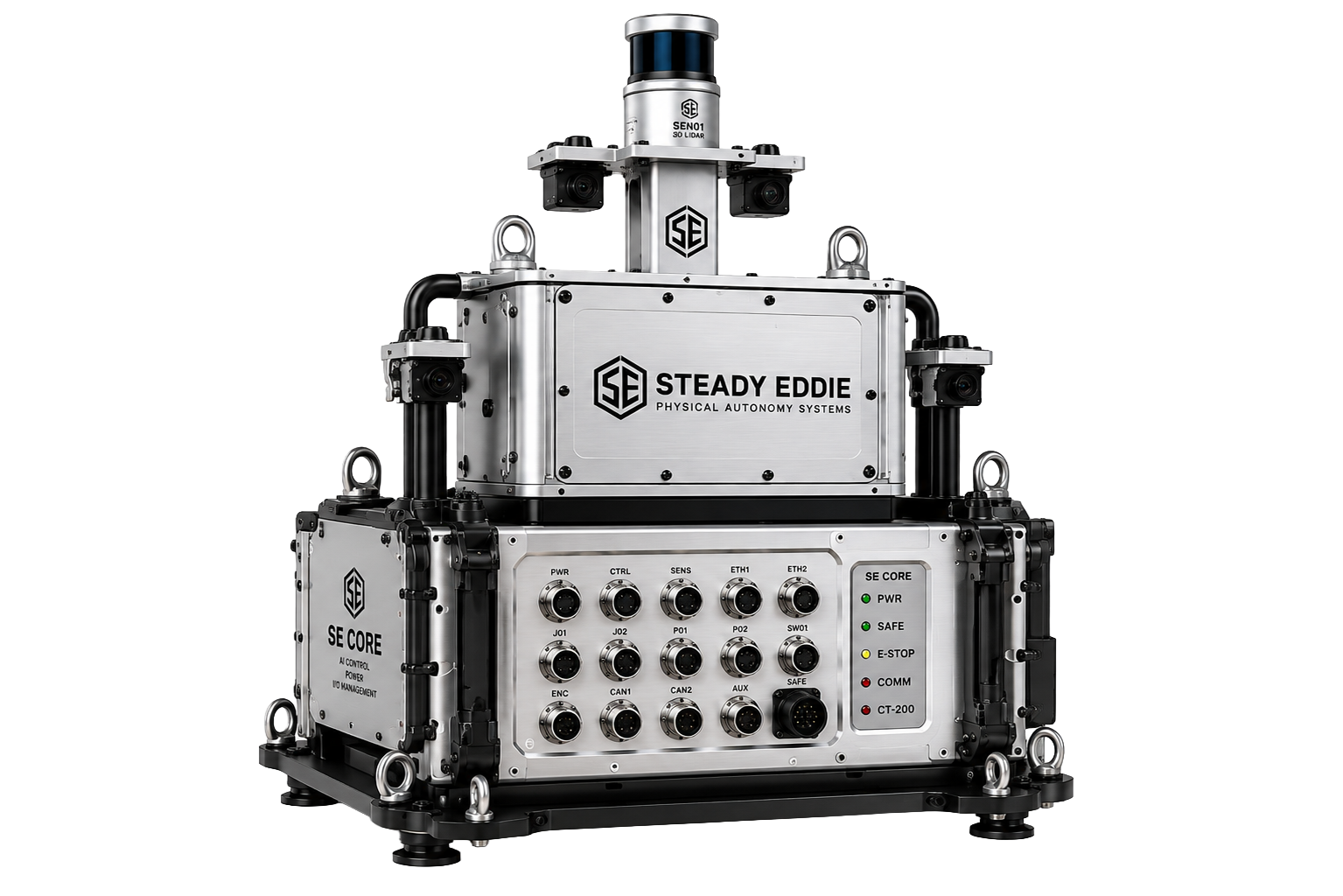SE CORE compute and control enclosure with the SEN01 3D LiDAR and stereo camera mast, brushed-steel finish