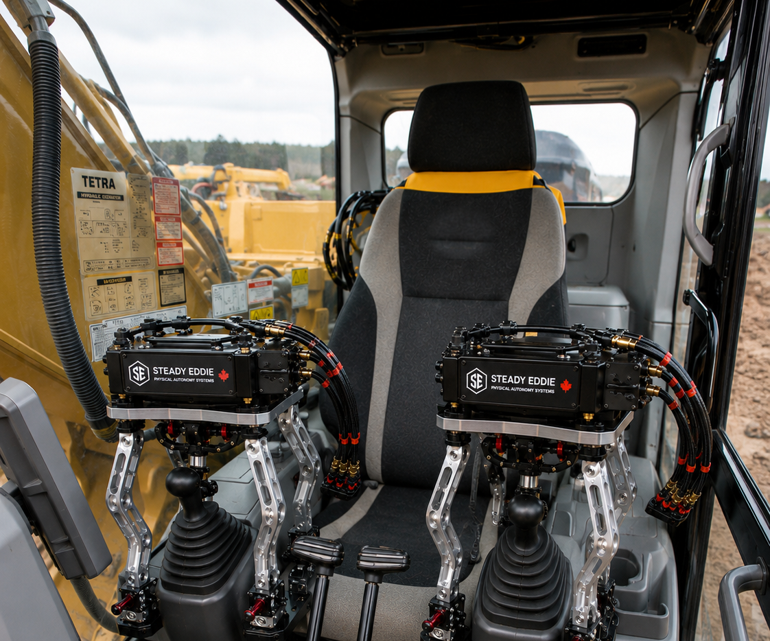 Two Steady Eddie units docked at the joystick stations of an excavator cab — engineering visualisation