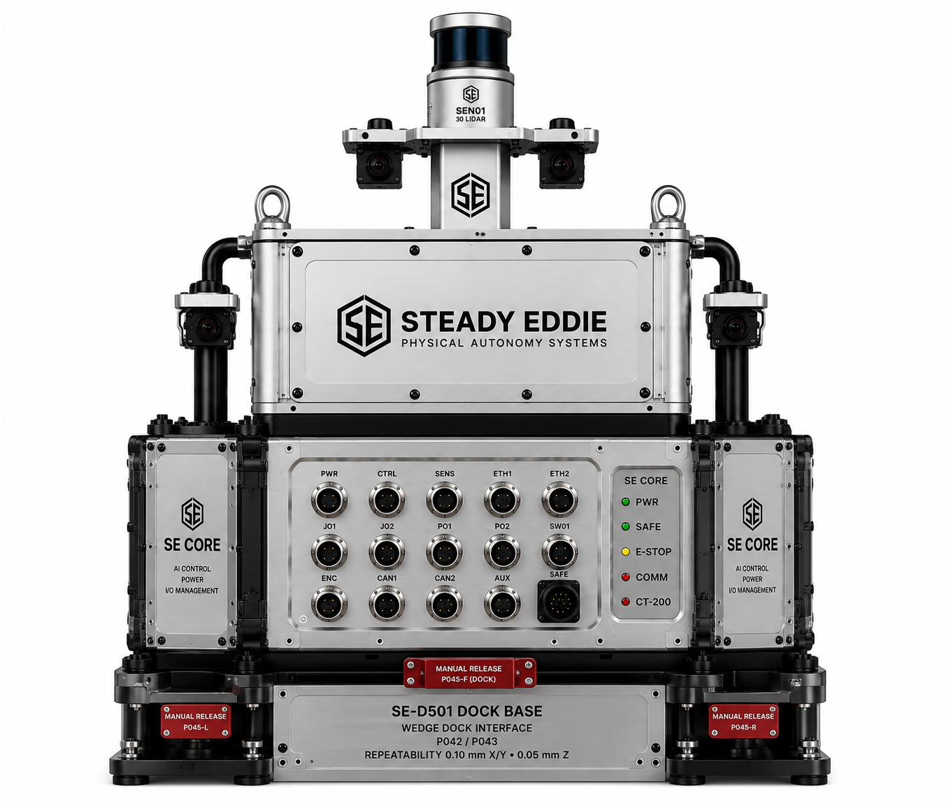 SE CORE compute and control enclosure with the SEN01 3D LiDAR and stereo camera mast, alternate view