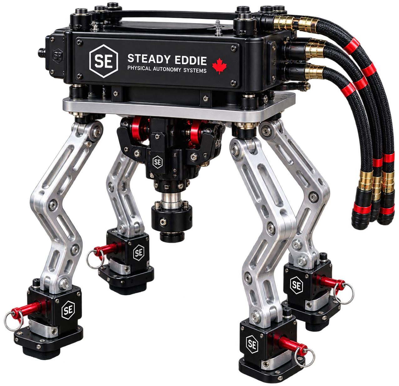 Steady Eddie actuator unit &mdash; sealed head enclosure, articulated support legs with quick-release feet &mdash; engineering visualisation